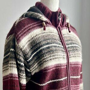 Laundromat Burgundy Stripe Hand-Knit Wool Zip Hoodie with Fleece Lining - US XL